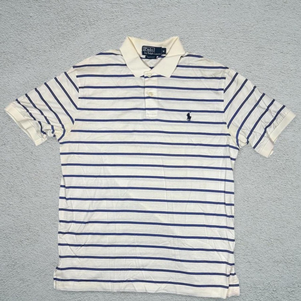 Polo Ralph Lauren Mens Pima Cotton Striped Polo Shirt White Blue Size M Vintage